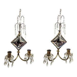 Pair Early 20th Century Jules Leleu Style Crystal and Brass Wall Candle Sconces