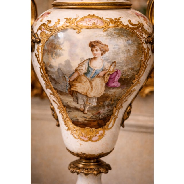 19th Sevres Louis XVI Gilt Porcelain Bronze Vases Pair For Sale - Image 12 of 18