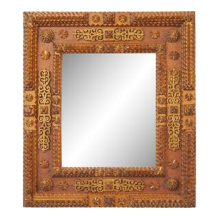 French Turn of the Century Tramp Art Mirror with Rosettes and Brass Motifs For Sale