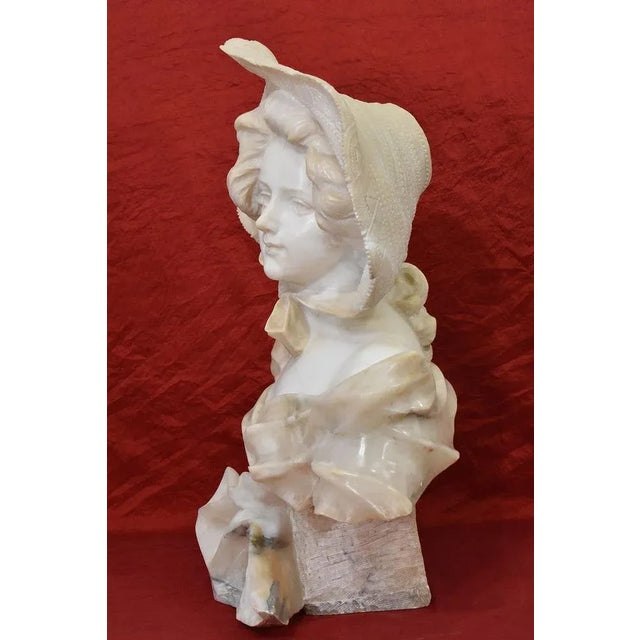 Stone Galileo Pochini, Bust of Young Girl with Hat, 19th Century, Marble and Alabaster For Sale - Image 7 of 11