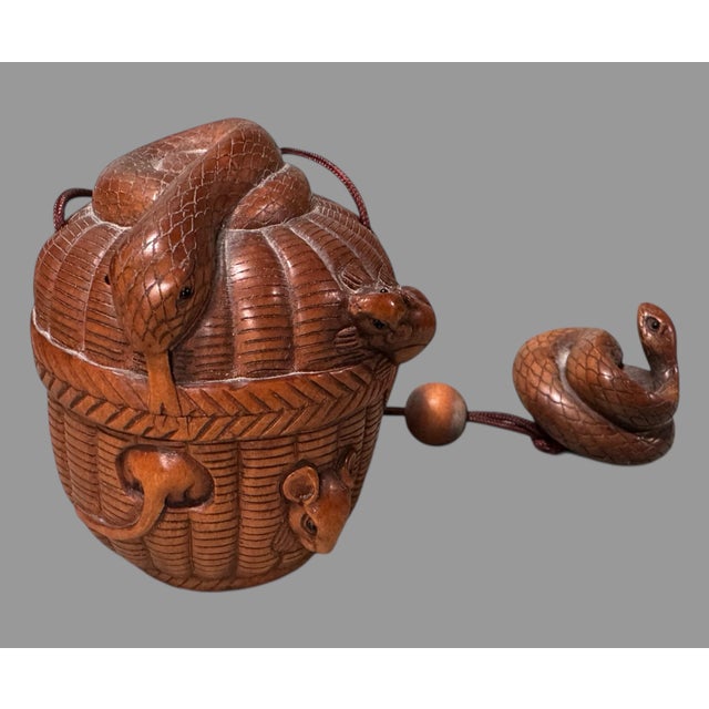 Antique Japanese Carved Boxwood Inro & Netsuke With Mice & Snakes in a Basket For Sale - Image 6 of 12