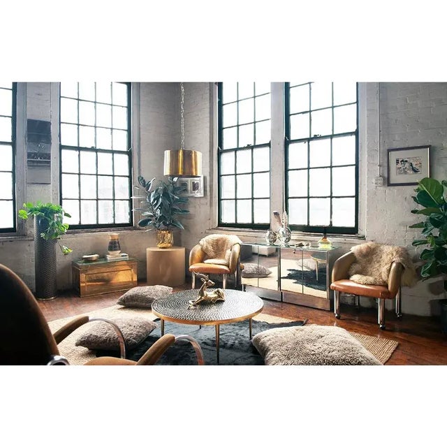 1960s mid-century modern brass drum ceiling light, attributed to designers Maison Charles, Adrian Pearsall, Paul Mayen,...