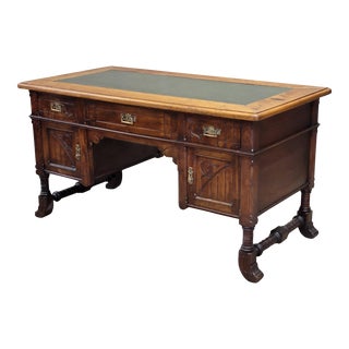 Antique 1910s Arts & Crafts / Art Nouveau English Desk With Green Leather and Original Brass Hardware For Sale