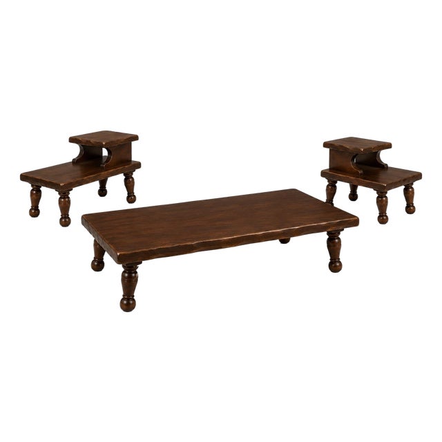 Late 20th Century Rustic Primitive Solid Wood Coffee Table & Matching Two-Tier End Tables — Refinished in Old Chapel Satin Walnut For Sale