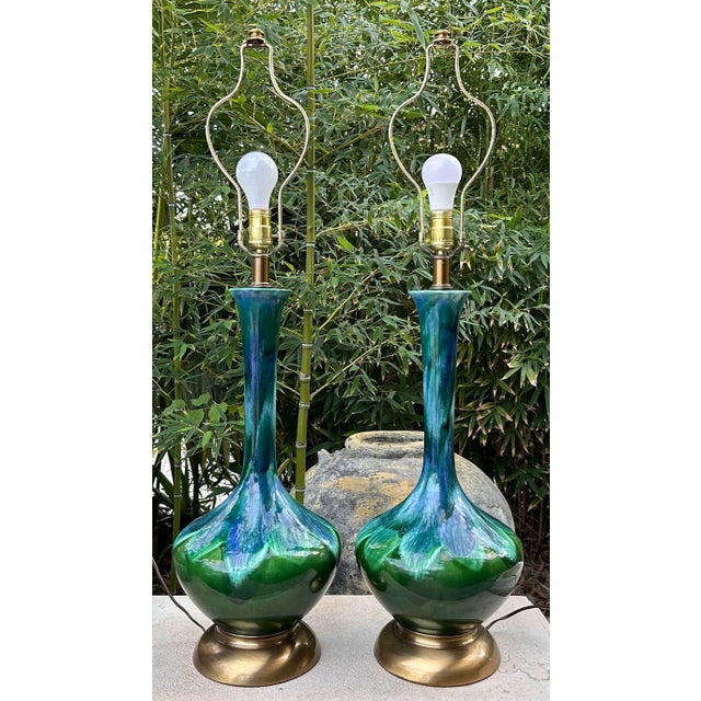 Vintage 1960s Ceramic Drip Glazed Green Blue Brass Table Lamps - a Pair For Sale - Image 10 of 12