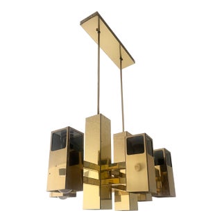 Mid Century Modern Brass Finish and Smoked Lucite Chandelier by Robert Sonneman For Sale
