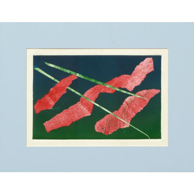 Red abstract shapes on a green and blue field by Patricia Pearce (American, b. 1948). This piece is unsigned, but was...