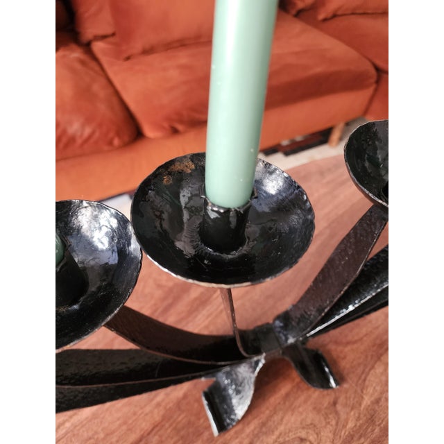 Mid Century Wrought Iron Candelabra | 9 Arm Black Iron Candle Holder | Modernist Brutalist Style | 23.5” Centerpiece Sculpture For Sale - Image 6 of 11