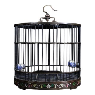 Late 19th Century Dark Wood Birdcage With Mother-of-Pearl Inlay and Porcelain Cups For Sale