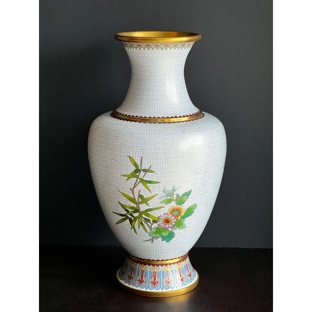 White Large Vintage Chinese Cloisonné Vase - White With Flowers and Blue Birds For Sale - Image 8 of 12
