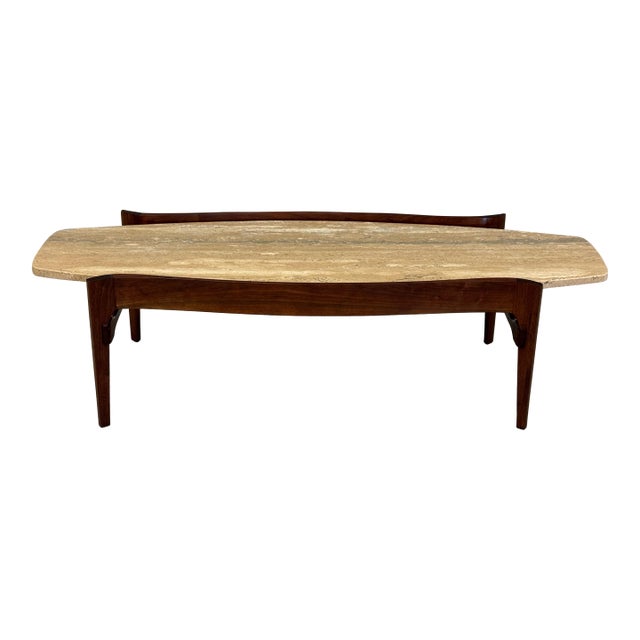 1960s Refinished Walnut and Travertine Coffee Table by Bertha Schaefer For Sale