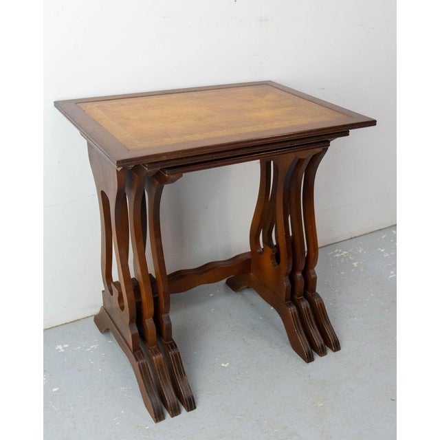 Vintage Poplar Nesting Tables with Top Recovered of Leather, 1960s, Set of 3 For Sale - Image 3 of 12