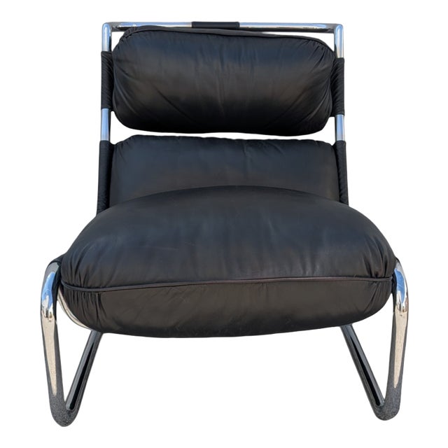 Italian Living Room Chair in Black Leather and Tubular Steel, 1970s For Sale