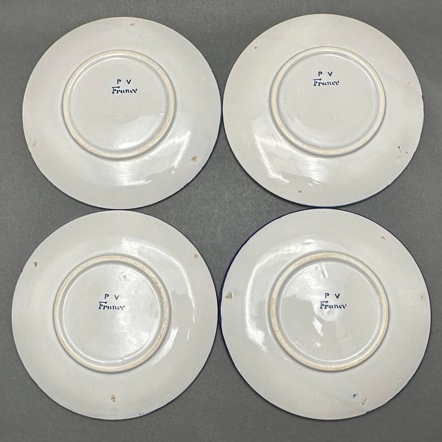 Antique French Pv Peasant Village Blue Floral Tea Saucers, Circa 1920’s - Set of 4 For Sale In New York - Image 6 of 6