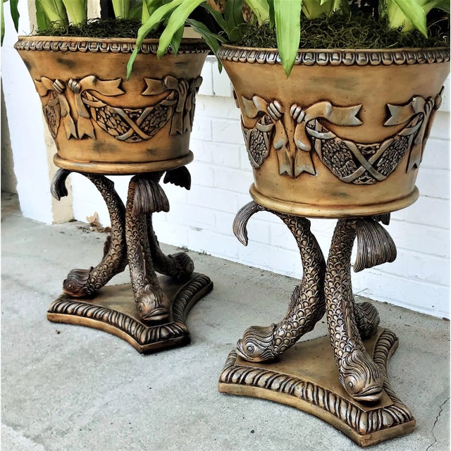 Koi Fish Pedestal Planters With Faux Floral Bromeliads- a Pair For Sale In West Palm - Image 6 of 11