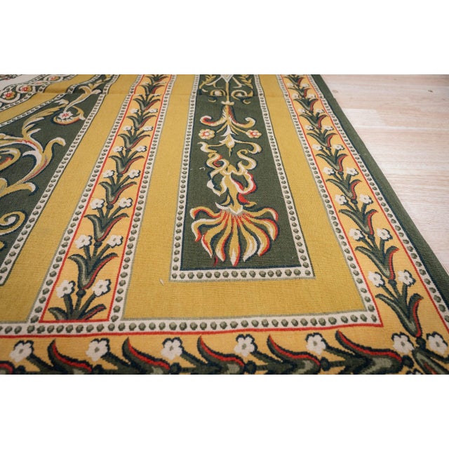 1980s 9x12 Vintage Aubusson Flat Weave Wool Rug, Green and Gold Empire Medallion For Sale - Image 5 of 15