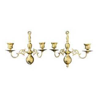 Vintage Brass Double-Arm Wall Candle Sconces – Pair – Ornate Scrollwork Colonial Williamsburg / Federal / Hollywood Regency Style For Sale
