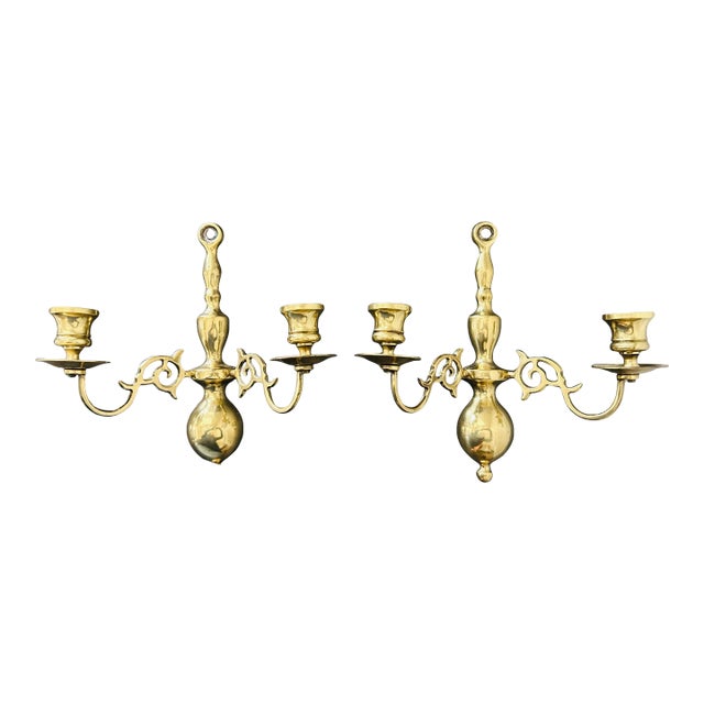 Vintage Brass Double-Arm Wall Candle Sconces – Pair – Ornate Scrollwork Colonial Williamsburg / Federal / Hollywood Regency Style For Sale