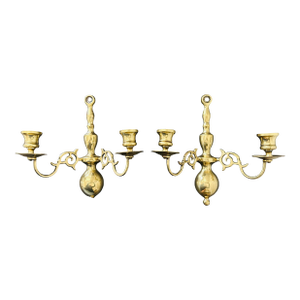 Vintage Brass Double-Arm Wall Candle Sconces – Pair – Ornate Scrollwork Colonial Williamsburg / Federal / Hollywood Regency Style