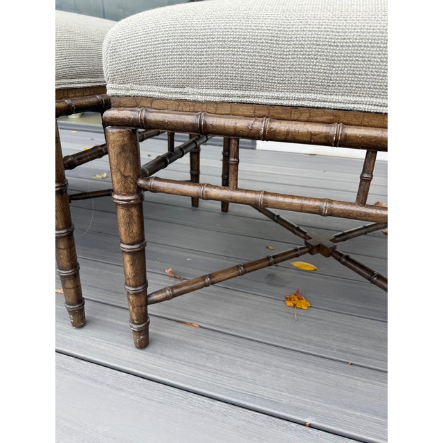 2020s Pair of Upholstered Ottomans With Faux Bamboo Frames For Sale - Image 5 of 6