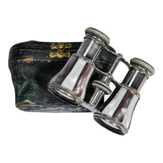 Beautiful Chrome Striped Purple and White Mother of Pearl Antique Victorian Opera Glasses With Leather Case For Sale