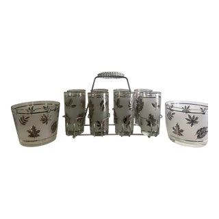 1960s Libbey Mid Century Modern Silver Foliage Pattern Set of 8 Glasses, Two Matching Ice Buckets & Stainless Glass Caddy For Sale