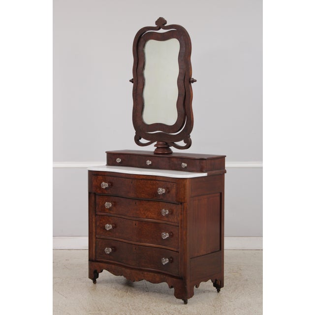 Traditional Antique Empire Burl Walnut Marble Top Dresser W. Mirror For Sale - Image 3 of 18