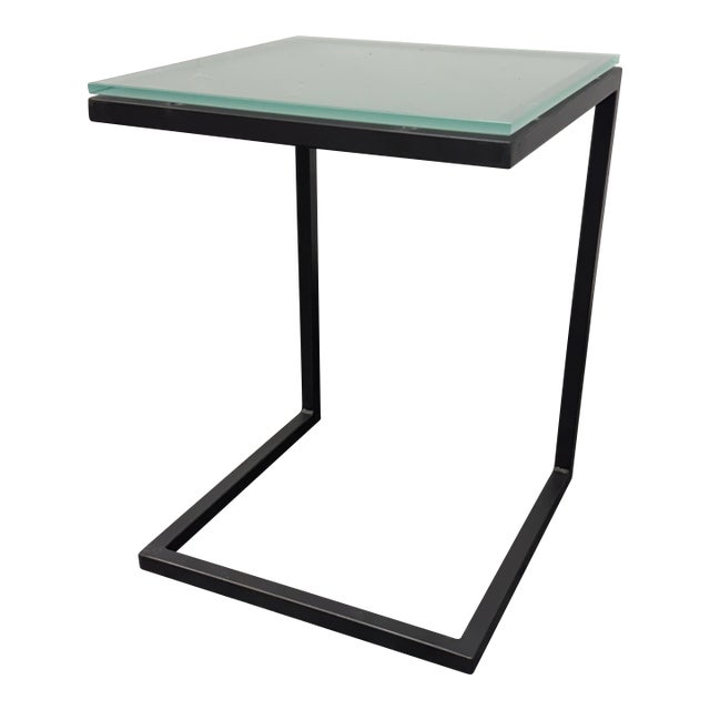 Room & Board Parsons C-Shape Seafoam Glass Table For Sale