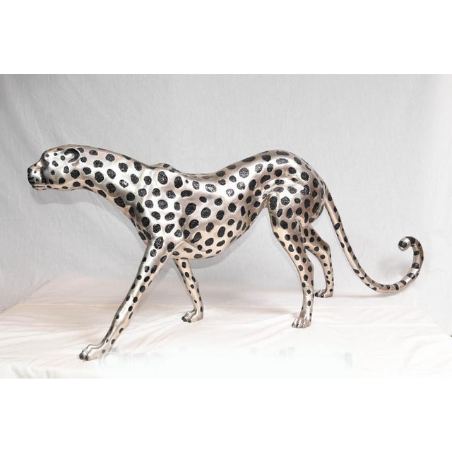 Art Deco Silver Plate and Bronze Cheetah Cat in Statue, 1980s For Sale - Image 5 of 16