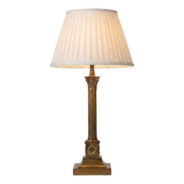 Brass Corinthian Column Table Lamp with Pleated Shade, 1930s For Sale