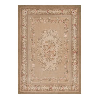 Antique Hand Hooked Medallion Cream Pink and Beige Wool Floral Rug For Sale