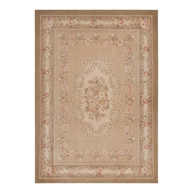 Antique Hand Hooked Medallion Cream Pink and Beige Wool Floral Rug For Sale