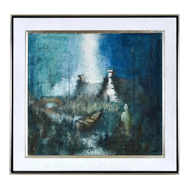 Expressionist Rustic European Blue White and Teal Village Landscape Painting With Boat For Sale