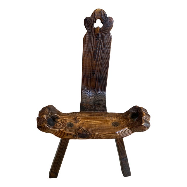 Vintage Brutalist Tripod Chair in Carved Wood, 1970s For Sale