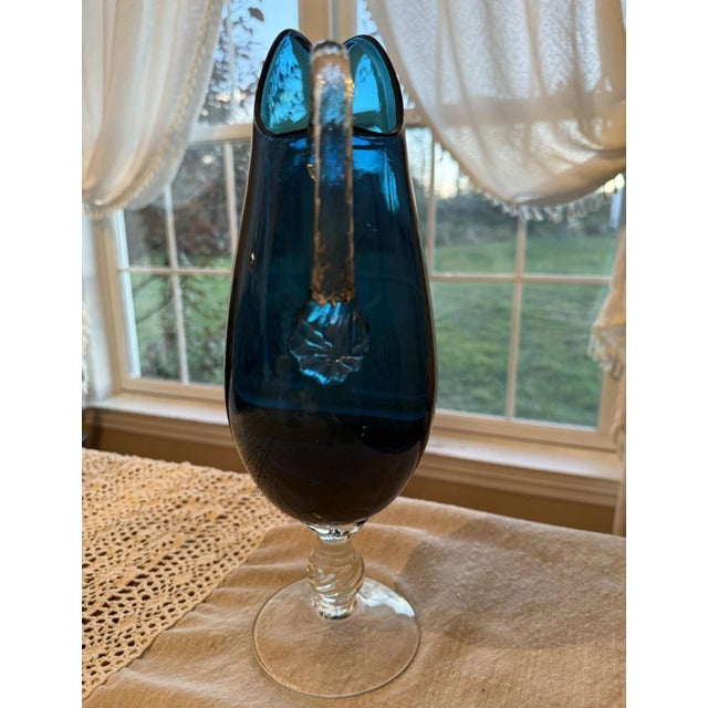 Italian Vintage Empoli Italian Murano Blue Art Glass Pitcher 13 1/2" For Sale - Image 3 of 7