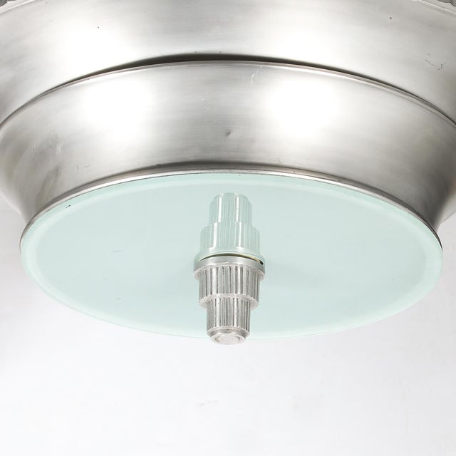 Silver 1930s Art Deco Brushed Aluminum & Frosted Glass Chandelier With Fluted Detailing For Sale - Image 8 of 13