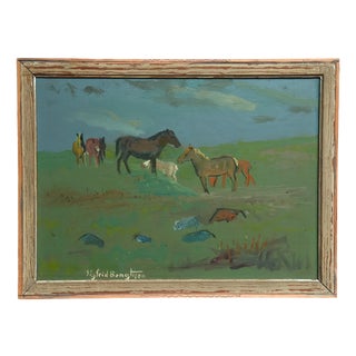 Sigfrid Bengtsson, Horses on the Meadow, Revinge, 1950s, Oil Painting on Panel, Framed For Sale