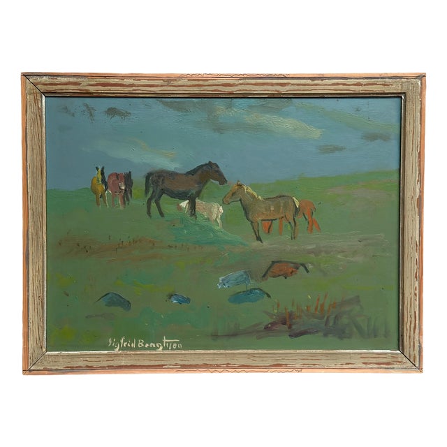 Sigfrid Bengtsson, Horses on the Meadow, Revinge, 1950s, Oil Painting on Panel, Framed For Sale