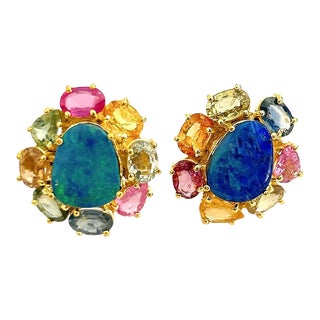 Bochic “Orient” Sapphire, Ruby & Opal Earrings Set 18k Gold & Silver - 2 Pieces For Sale