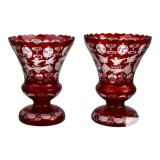 Vintage Pair of Ruby Czech Bohemian Cut to Clear Glass Vases For Sale
