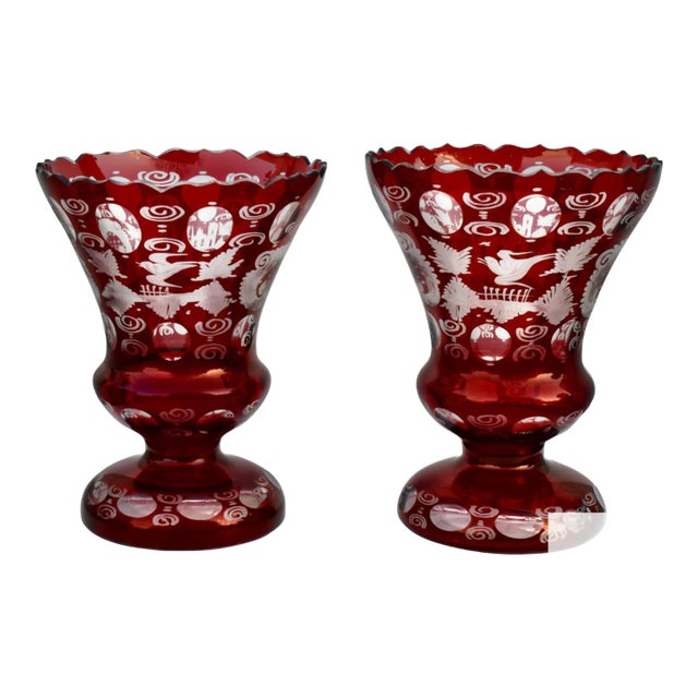 Vintage Pair of Ruby Czech Bohemian Cut to Clear Glass Vases For Sale
