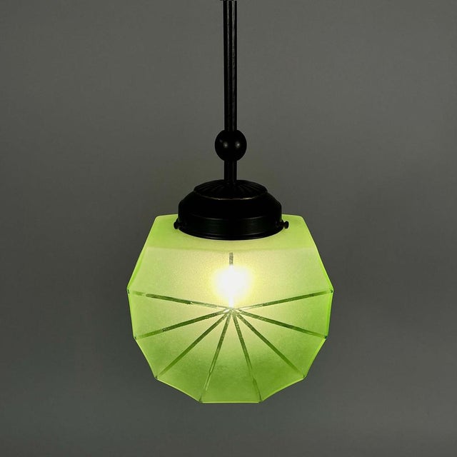 Swedish Green Uranium Glass and Burnished Brass Pendant from Böhlmarks, 1930s For Sale - Image 6 of 18