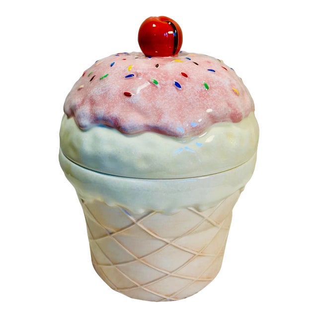 Vanilla Ice Cream Cone Cookie Jar With a Cherry on Top For Sale