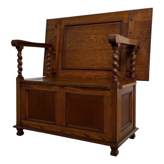 Antique English Golden Oak Monks Bench For Sale