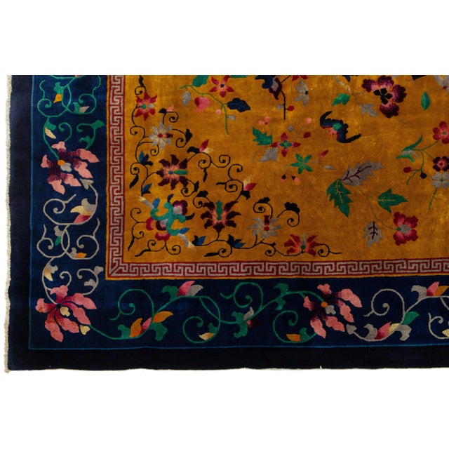 1920s Antique Peking Chinese Wool Rug Handmade With Floral Design in Goldenrod For Sale - Image 4 of 9
