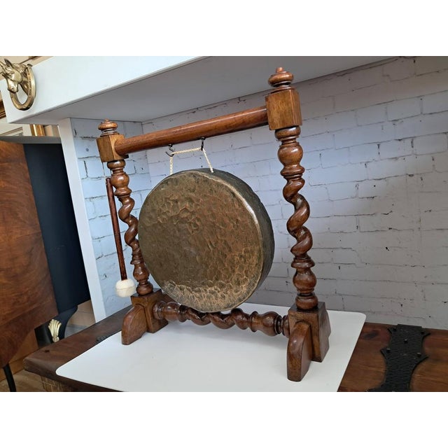 Large Victorian Brass Gong with Mallet Oak Stand, 1890s For Sale - Image 12 of 16