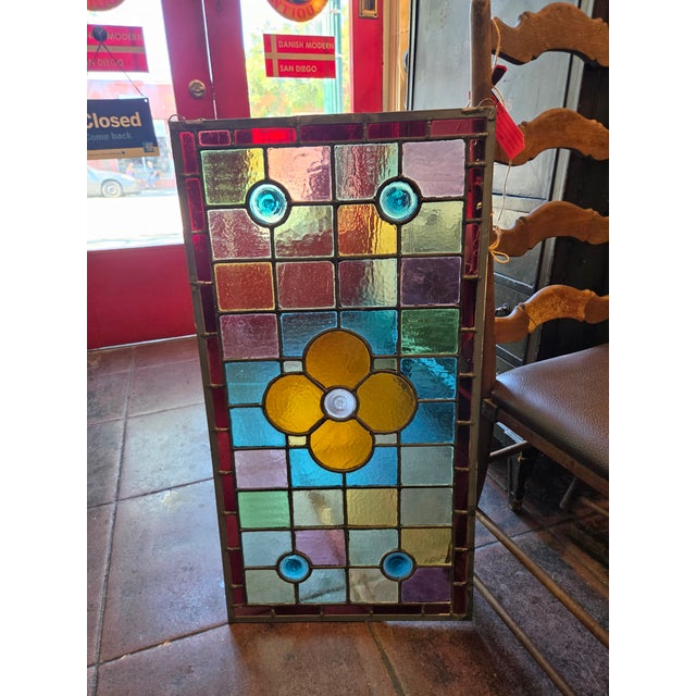 Antique 1880s Stained Glass Window Flower With Jewel Rondels Cathedral Glass For Sale In San Diego - Image 6 of 6