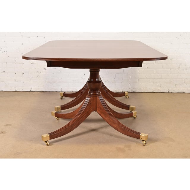 Smith & Watson Georgian Banded Cherry and Burl Wood Double Pedestal Extension Dining Table, Newly Refinished For Sale - Image 11 of 13