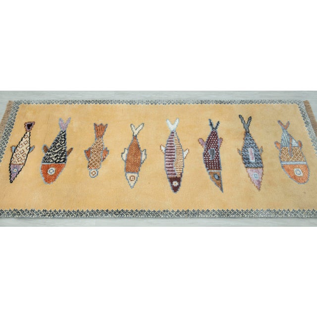 Yellow Koi Fish Yellow Hand Knotted Runner Rug 2.6x12Ft. For Sale - Image 8 of 15
