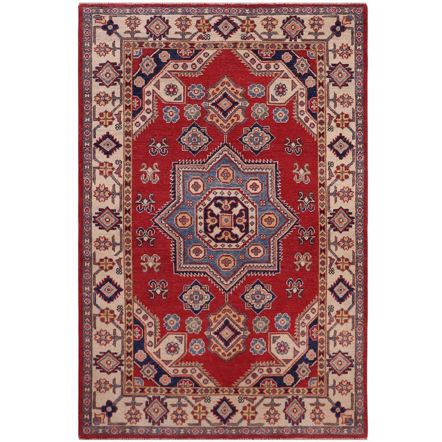 Red Southwestern Kazak Rustic Red/Beige Wool Rug - 4'0''x5'5'' For Sale - Image 8 of 10